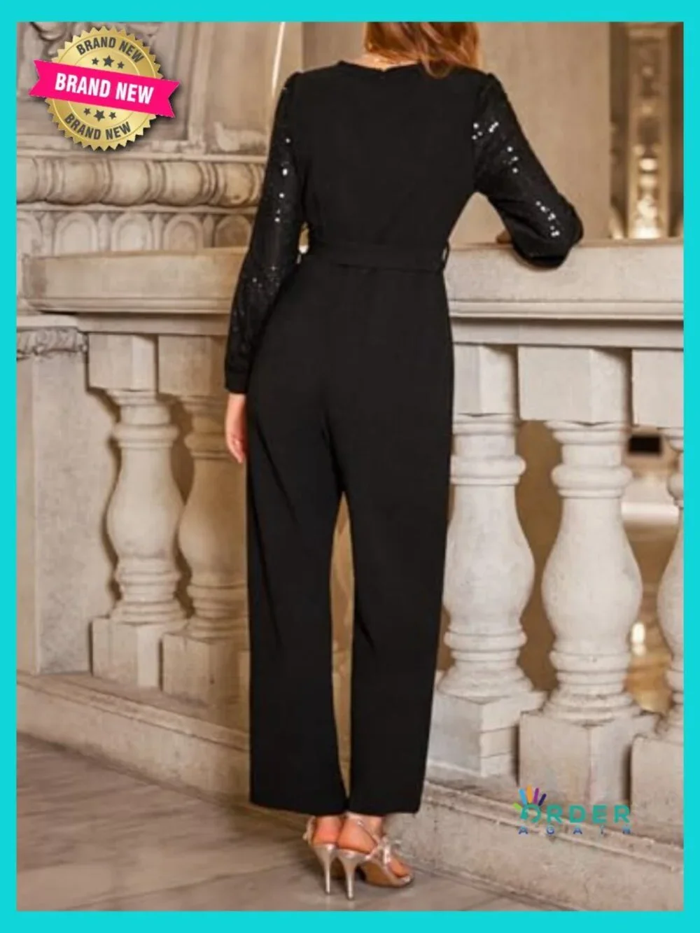 Dressy Long Sleeve Sequin Jumpsuit Sparkly Night Out V Neck Belted One Piece